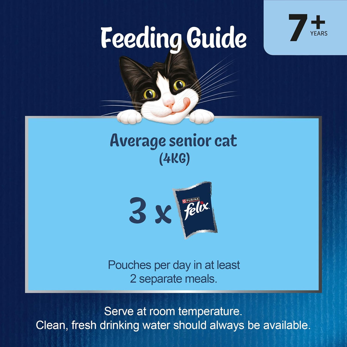Feeding guide for average senior cats with a Felix cat food package on a blue background