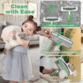 Product demonstration with a child holding a cat and close-up of cleaning tool usage.