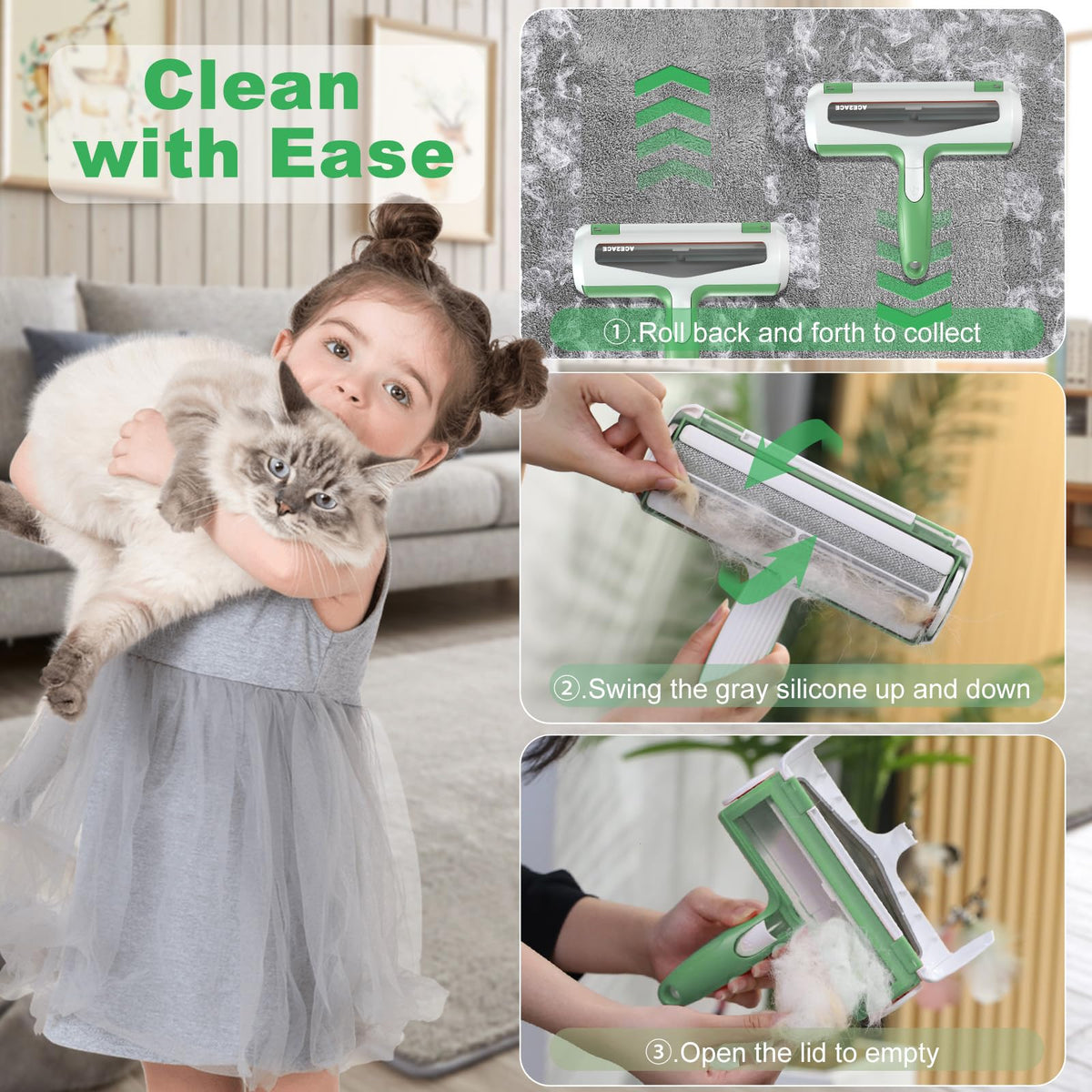Product demonstration with a child holding a cat and close-up of cleaning tool usage.