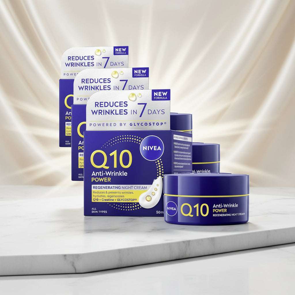 Four NIVEA Q10 Anti-Wrinkle Power Regenerating Night Cream jars and cartons arranged on a plain white background. The packaging is primarily deep blue and white with yellow text and accents, and the cream jars are dark blue with yellow bands.