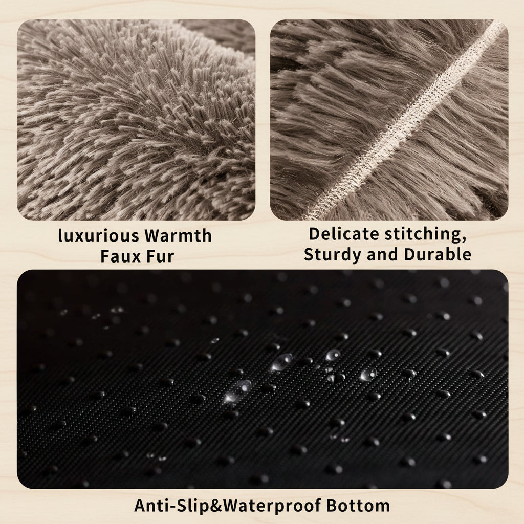 Textured fabric samples with labels for faux fur, stitching, and anti-slip/waterproof bottom.