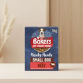 Box of Purina Bakers 100% Tender Chunks Small Dog Food with Beef on a blue background