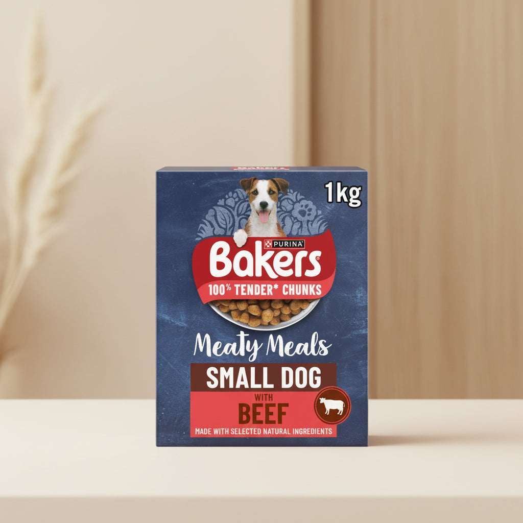 Box of Purina Bakers 100% Tender Chunks Small Dog Food with Beef on a blue background
