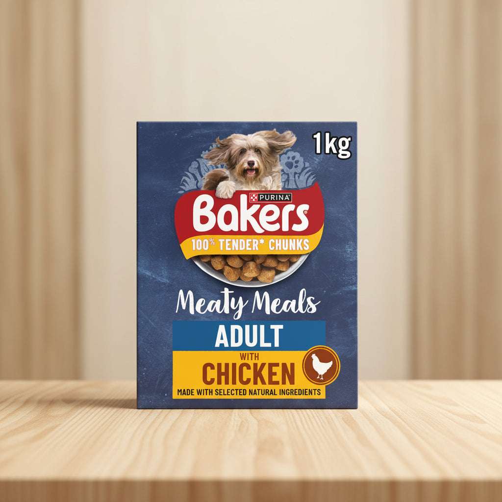 Purina Bakers dog food package with a blue background and a dog on top.