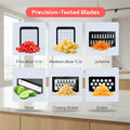 Set of precision-tested blades for various kitchen tasks with corresponding food items.