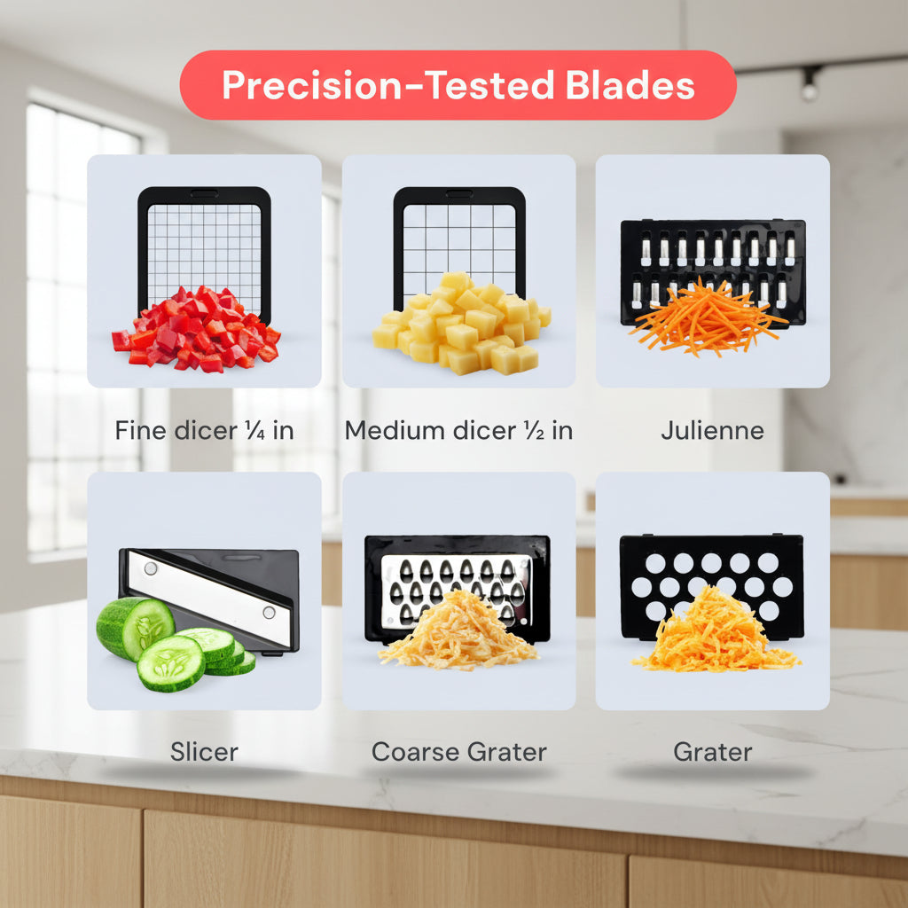 Set of precision-tested blades for various kitchen tasks with corresponding food items.