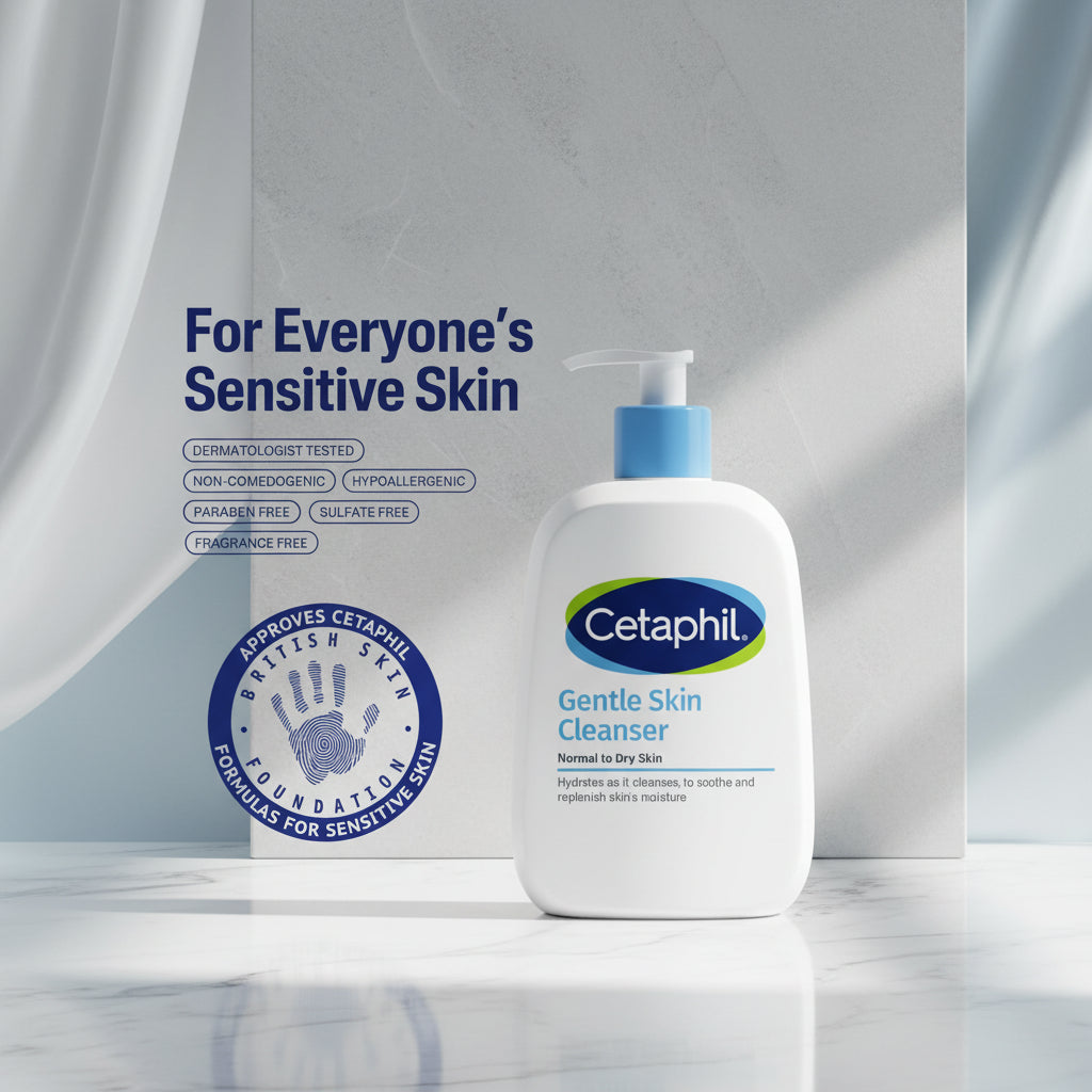 Cetaphil Gentle Skin Cleanser bottle with branding and product details on a light gray background
