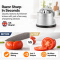 A kitchen knife sharpener shown on a light countertop with promotional text, a UK brand badge, and a before/after tomato slicing comparison at the bottom. The product itself is a metallic cylindrical sharpening tool with a black base ring.