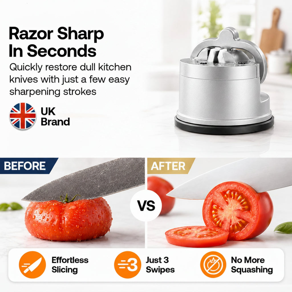 A kitchen knife sharpener shown on a light countertop with promotional text, a UK brand badge, and a before/after tomato slicing comparison at the bottom. The product itself is a metallic cylindrical sharpening tool with a black base ring.