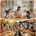Collage of a family in a kitchen, people at a party, and chefs in a restaurant kitchen with food.