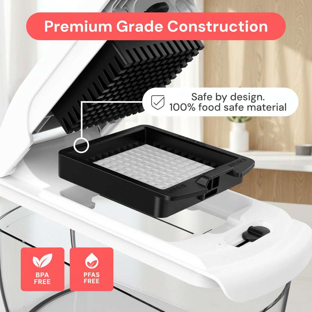 White appliance with black interior component, labeled 'Premium Grade Construction' and '100% food safe material'.