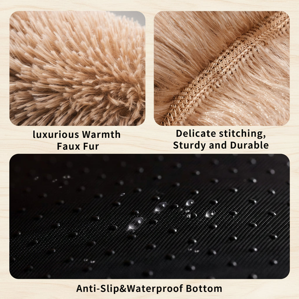 Three-panel product feature graphic for a faux fur rug. Top-left shows close-up of fluffy beige faux fur with text 'luxurious Warmth Faux Fur'.