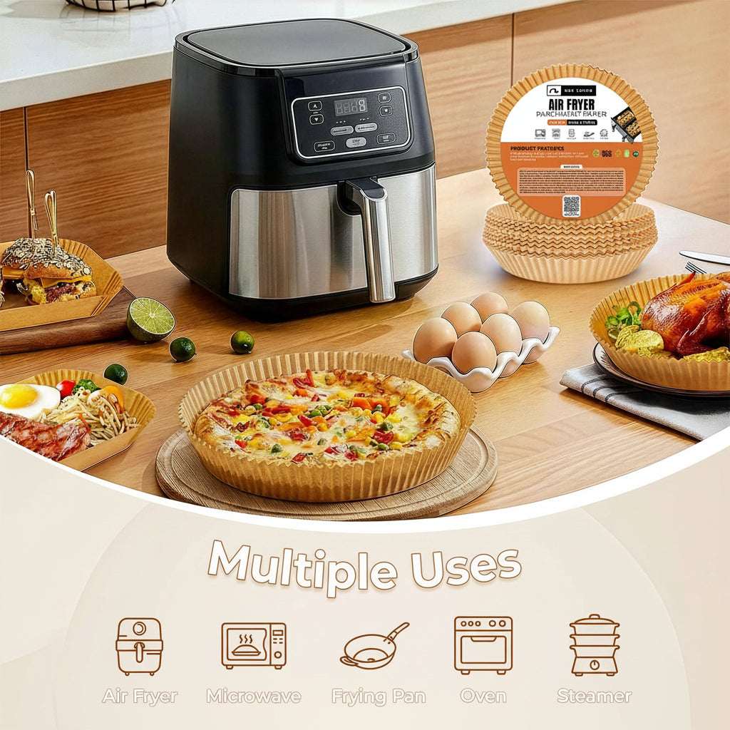 Black and stainless steel air fryer shown on a kitchen counter with food items, eggs, and packaged liners, plus an orange banner at the bottom reading 'Multiple Uses' with icons for air fryer, microwave, frying pan, oven, and steamer.