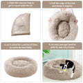 Four-panel product guide showing a fluffy donut-style pet bed: the vacuum-sealed bag, a person pulling the outer layer, the bed inflated on its own, and a black-and-white dog lying inside the bed.