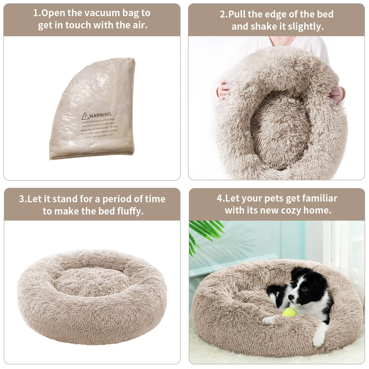 Four-panel product guide showing a fluffy donut-style pet bed: the vacuum-sealed bag, a person pulling the outer layer, the bed inflated on its own, and a black-and-white dog lying inside the bed.