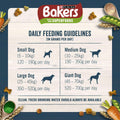 Bakers Superfoods daily feeding guidelines for dogs on a white background with food graphics.