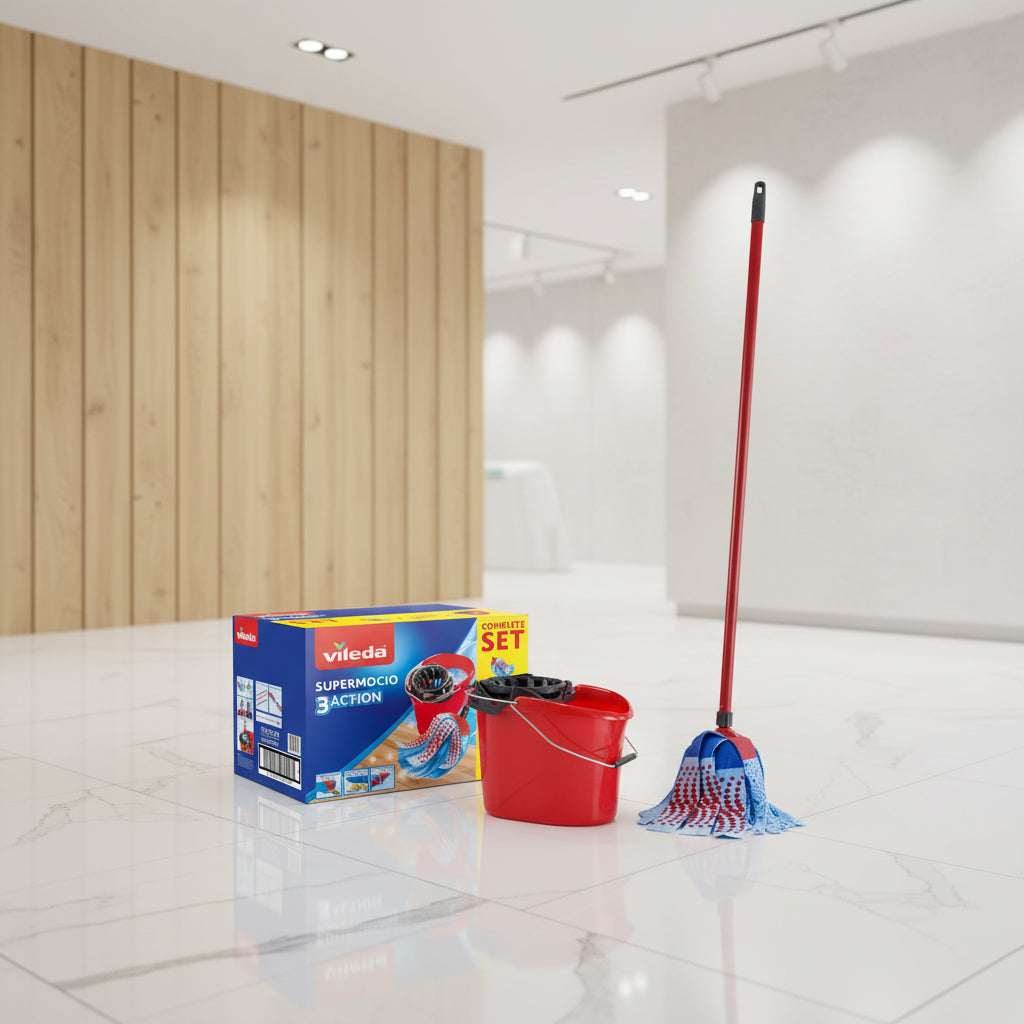 Vileda SuperMop cleaning set with red bucket, blue mop head, and red handle on a white background