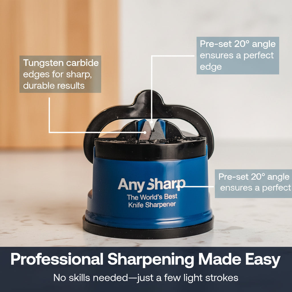 A blue and black Any Sharp knife sharpener sits on a countertop with overlaid callout text explaining its tungsten carbide edges and pre-set angle, plus marketing text at the bottom.