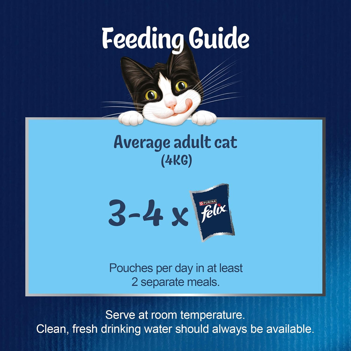 Feeding guide for Felix cat food with a cartoon cat on a blue background