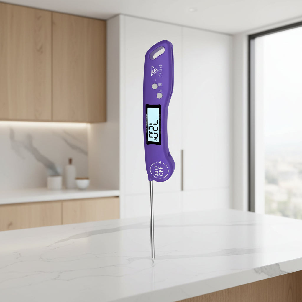 A purple digital meat thermometer with a large backlit display is shown being held by a hand over roasted chicken and sliced steak, with promotional text highlighting auto-rotating backlit display and slide-in positioning.