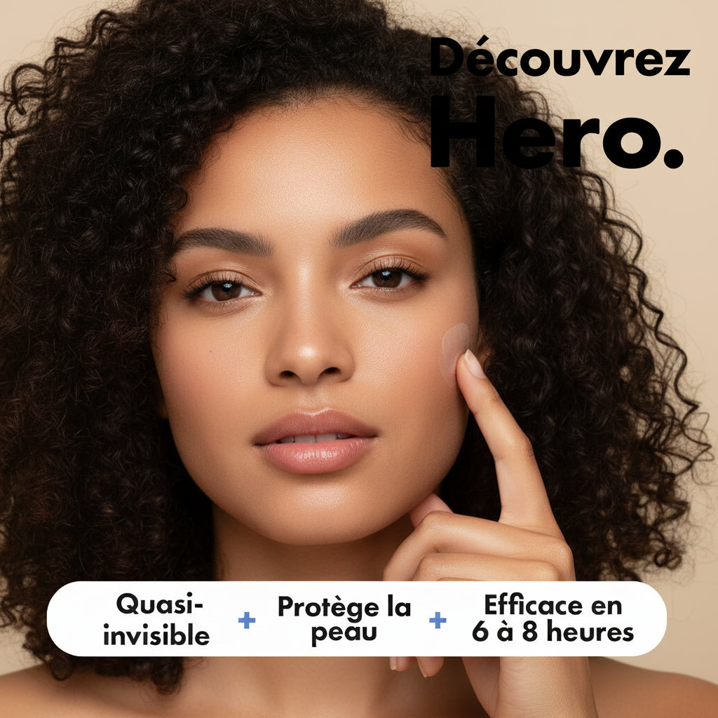 Woman pointing to a blemish on her face with text about a skincare product.
