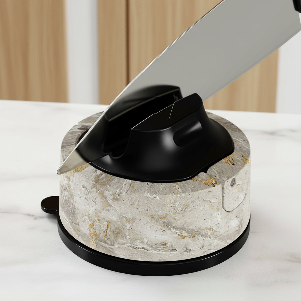 Knife sharpener with a knife on a marble base