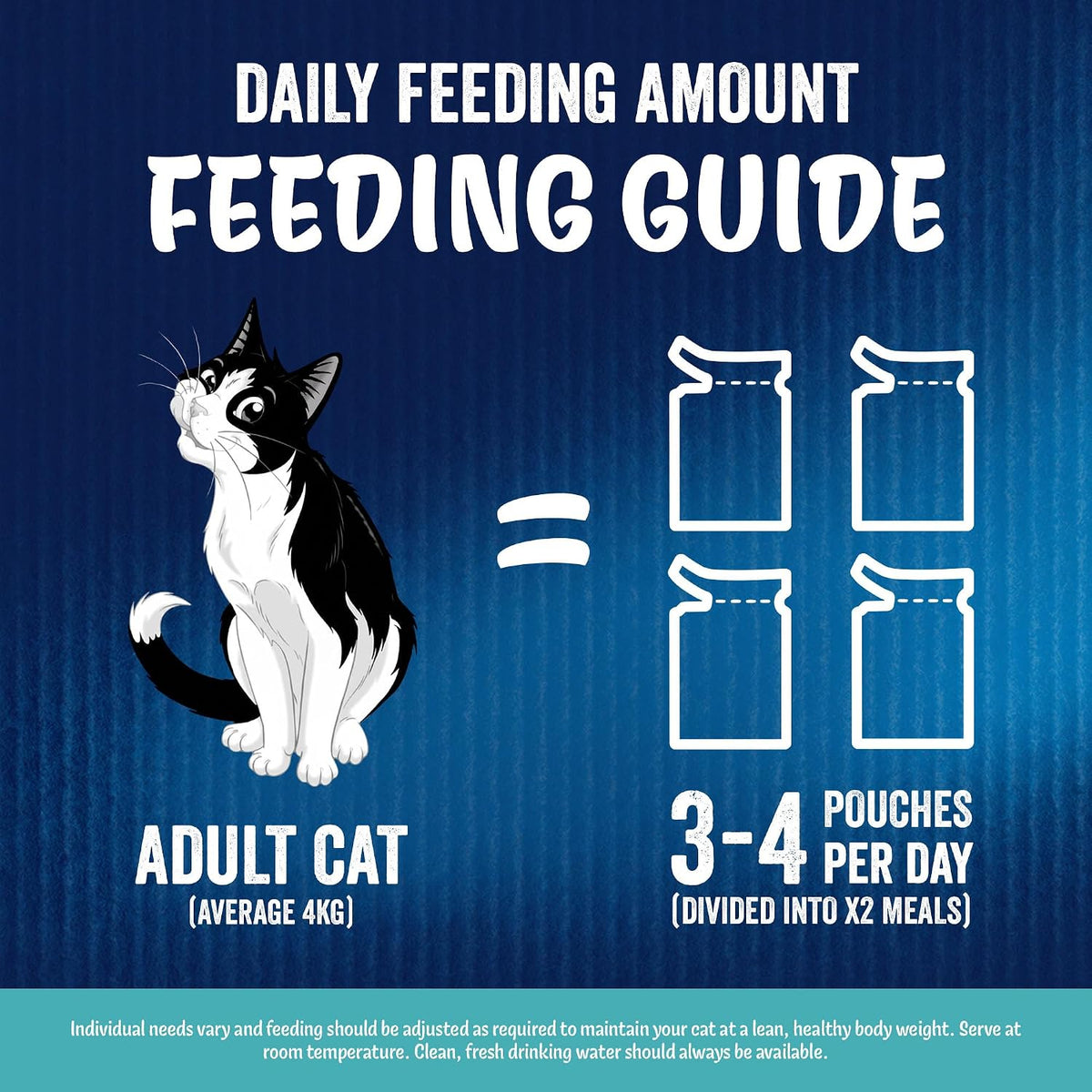 Feeding guide for adult cats with a cat illustration and text on a blue background
