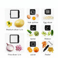 Collection of kitchen tools with various blades and their uses on a white background.