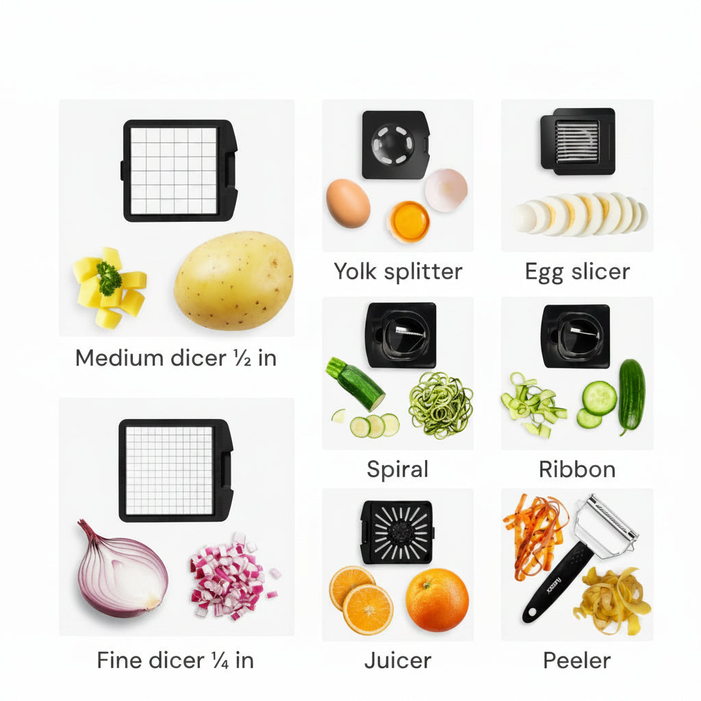 Collection of kitchen tools with various blades and their uses on a white background.