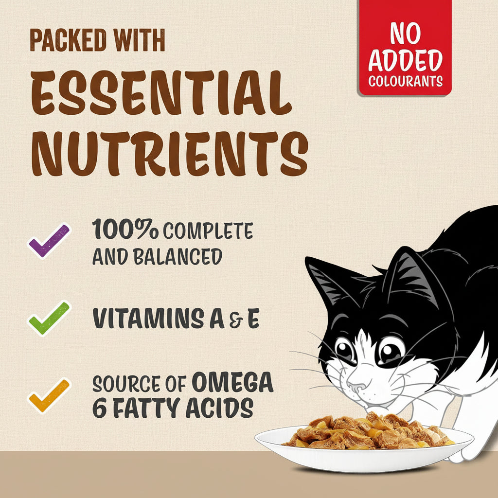 Cat food packaging with a cartoon cat and text highlighting nutritional benefits on a blue background.