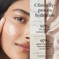 Close-up of a woman's face with a clear skincare cream applied to her cheek, next to text reading 'Clinically-proven hydration' and claim statements about 97% hydrated skin.