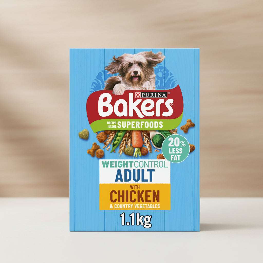 A 1.1kg box of Purina Bakers Recipe Using Superfoods Weight Control Adult dog food with chicken and country vegetables, featuring a blue wood-textured background with a dog illustration and product imagery.
