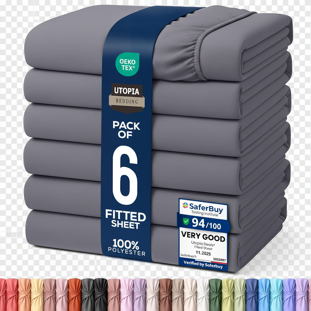 A stack of six folded gray fitted sheets wrapped with a blue label that reads 'PACK OF 6 FITTED SHEET 100% POLYESTER' and shows OEKO-TEX, Utopia, and SaferBuy badges. A row of color swatches appears along the bottom edge.