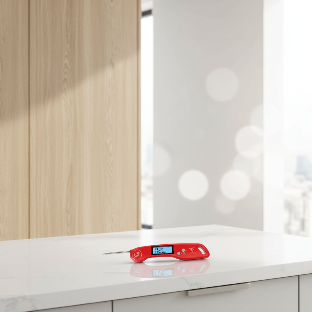 Digital thermometer being used to measure food with images of various food items and a list of measurements it can take.