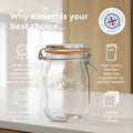 A Kilner glass clamp-lid jar centered on a gray textured background with marketing text and icons around it. The jar is transparent glass with a metal clamp and a warm orange-brown rubber gasket.
