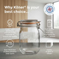 A Kilner glass clamp-lid jar centered on a gray textured background with marketing text and icons around it. The jar is transparent glass with a metal clamp and a warm orange-brown rubber gasket.