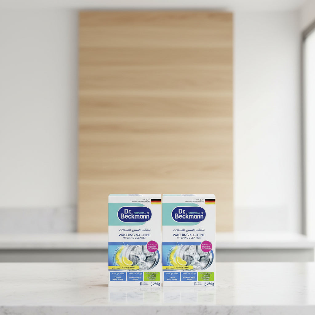 Two boxes of Dr. Beckmann Original German Brand Washing Machine Hygiene Cleaner, Lemon Fresh scent, 250g each, shown side-by-side on a white background.