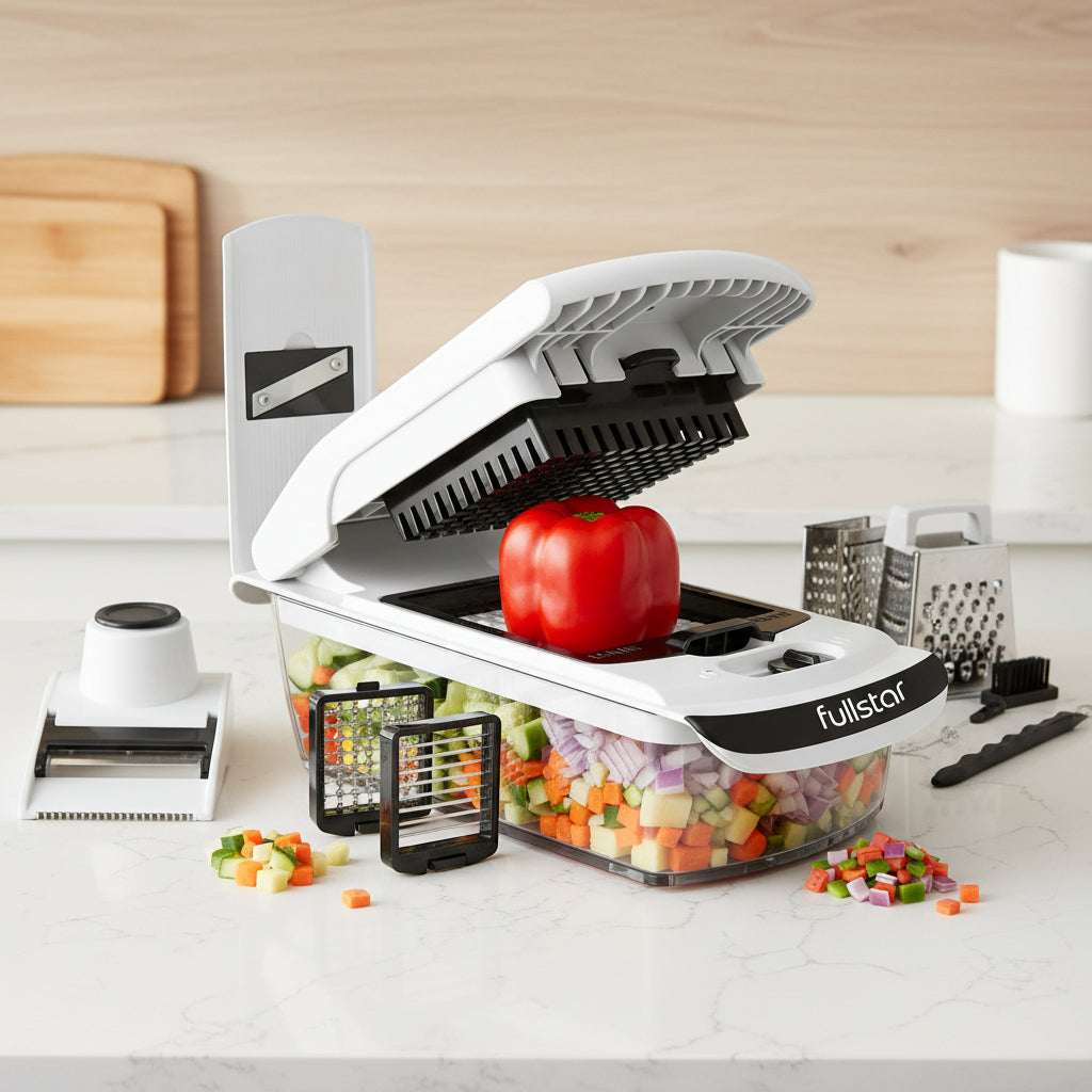 Vegetable chopper with various attachments and chopped vegetables displayed on a white background