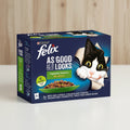 Felix cat food packaging with a black and white cat illustration on a blue background