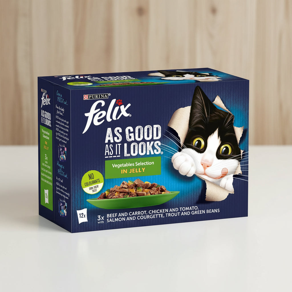 Felix cat food packaging with a black and white cat illustration on a blue background