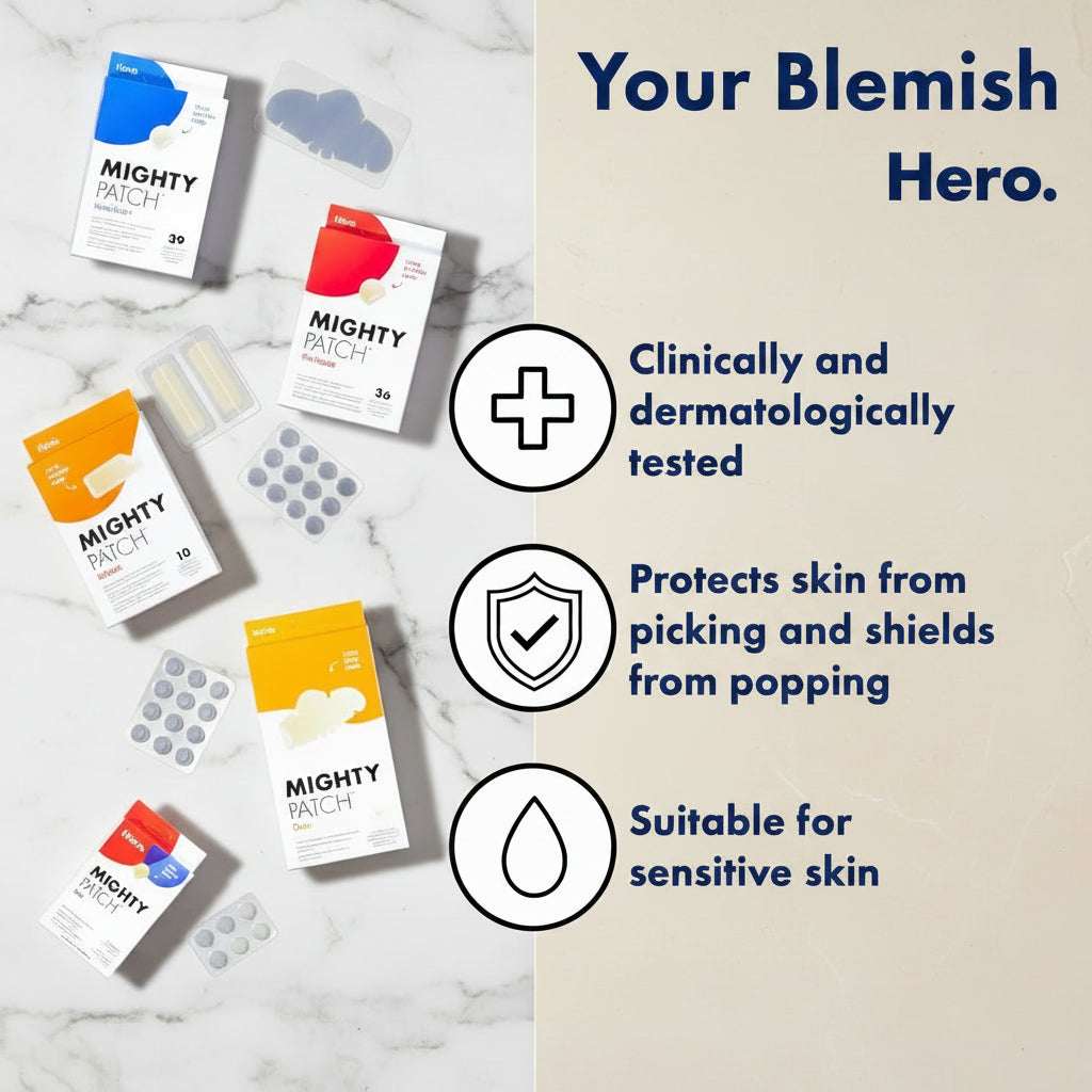 Promotional graphic for Mighty Patch sensitive skin blemish patches, showing several product boxes and adhesive patch sheets on a split dark purple and coral-red background with marketing text.