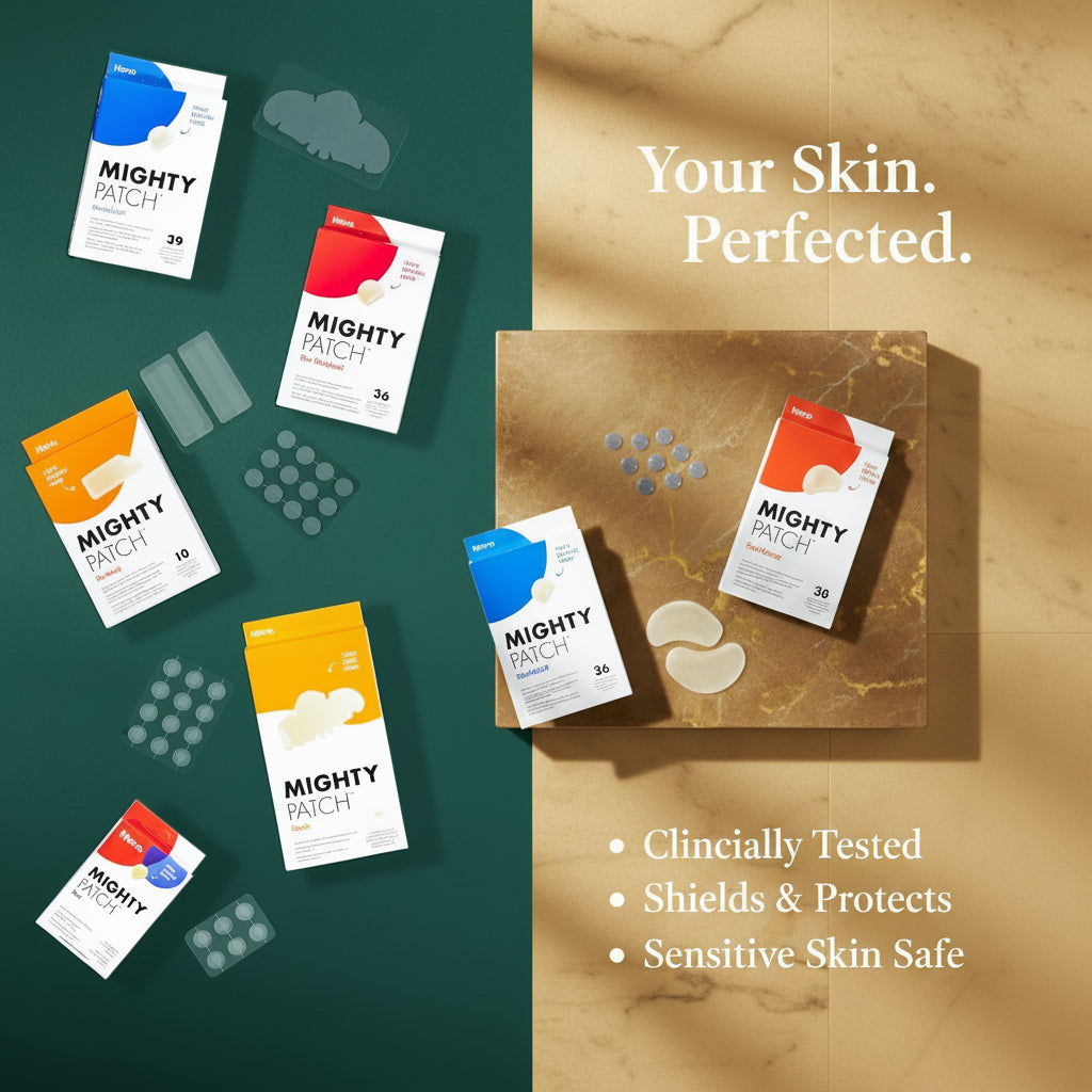 Promotional graphic for Mighty Patch sensitive skin blemish patches, showing several product boxes and adhesive patch sheets on a split dark purple and coral-red background with marketing text.