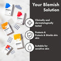Promotional graphic for Mighty Patch sensitive skin blemish patches, showing several product boxes and adhesive patch sheets on a split dark purple and coral-red background with marketing text.