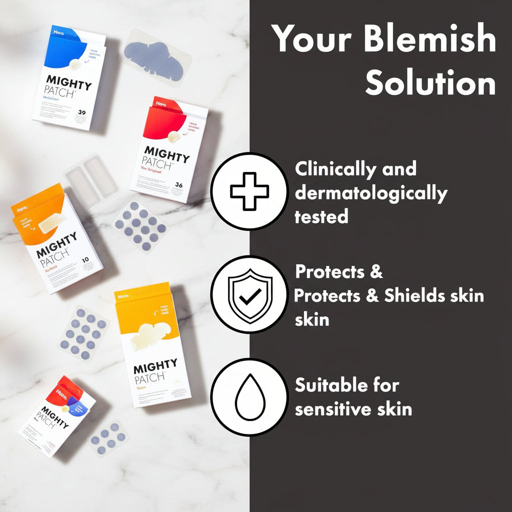 Promotional graphic for Mighty Patch sensitive skin blemish patches, showing several product boxes and adhesive patch sheets on a split dark purple and coral-red background with marketing text.