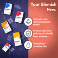 Promotional graphic for Mighty Patch sensitive skin blemish patches, showing several product boxes and adhesive patch sheets on a split dark purple and coral-red background with marketing text.