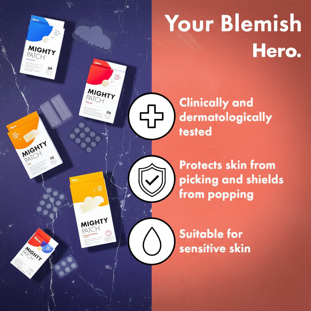 Promotional graphic for Mighty Patch sensitive skin blemish patches, showing several product boxes and adhesive patch sheets on a split dark purple and coral-red background with marketing text.