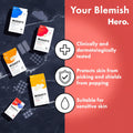 Promotional graphic for Mighty Patch sensitive skin blemish patches, showing several product boxes and adhesive patch sheets on a split dark purple and coral-red background with marketing text.