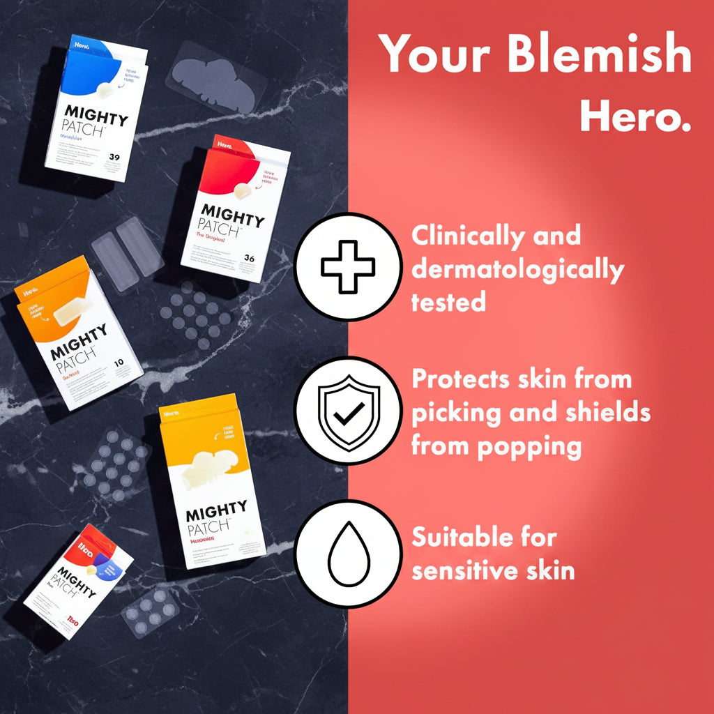 Promotional graphic for Mighty Patch sensitive skin blemish patches, showing several product boxes and adhesive patch sheets on a split dark purple and coral-red background with marketing text.