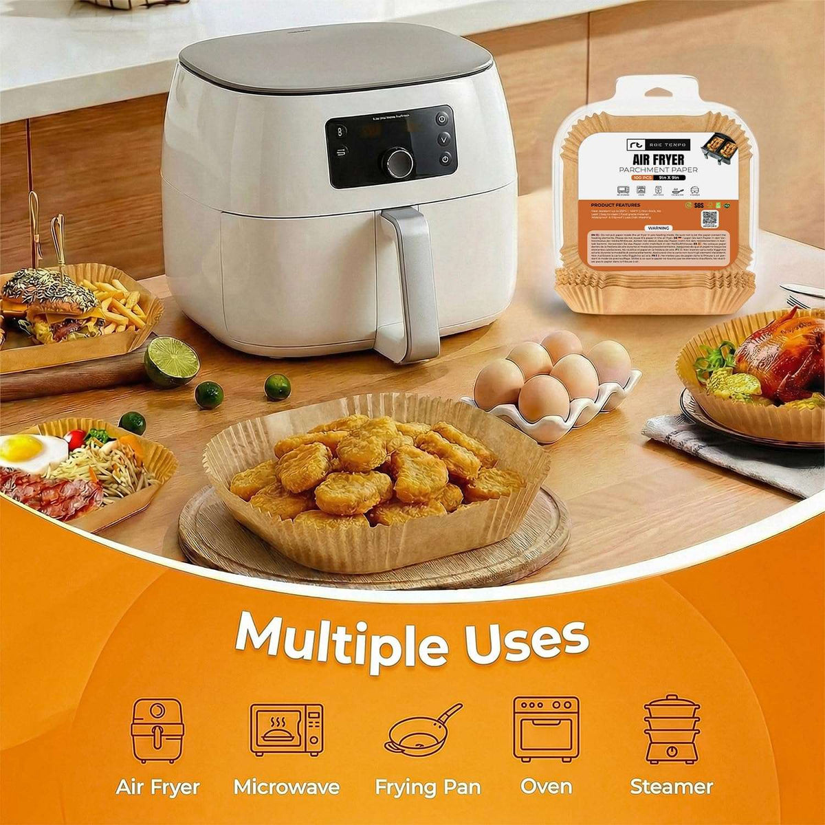 An air fryer shown in a kitchen-style setting with food items and eggs around it, plus a package of pre-made fries. The image includes the text 'Multiple Uses' and icons for air fryer, microwave, frying pan, oven, and steamer.