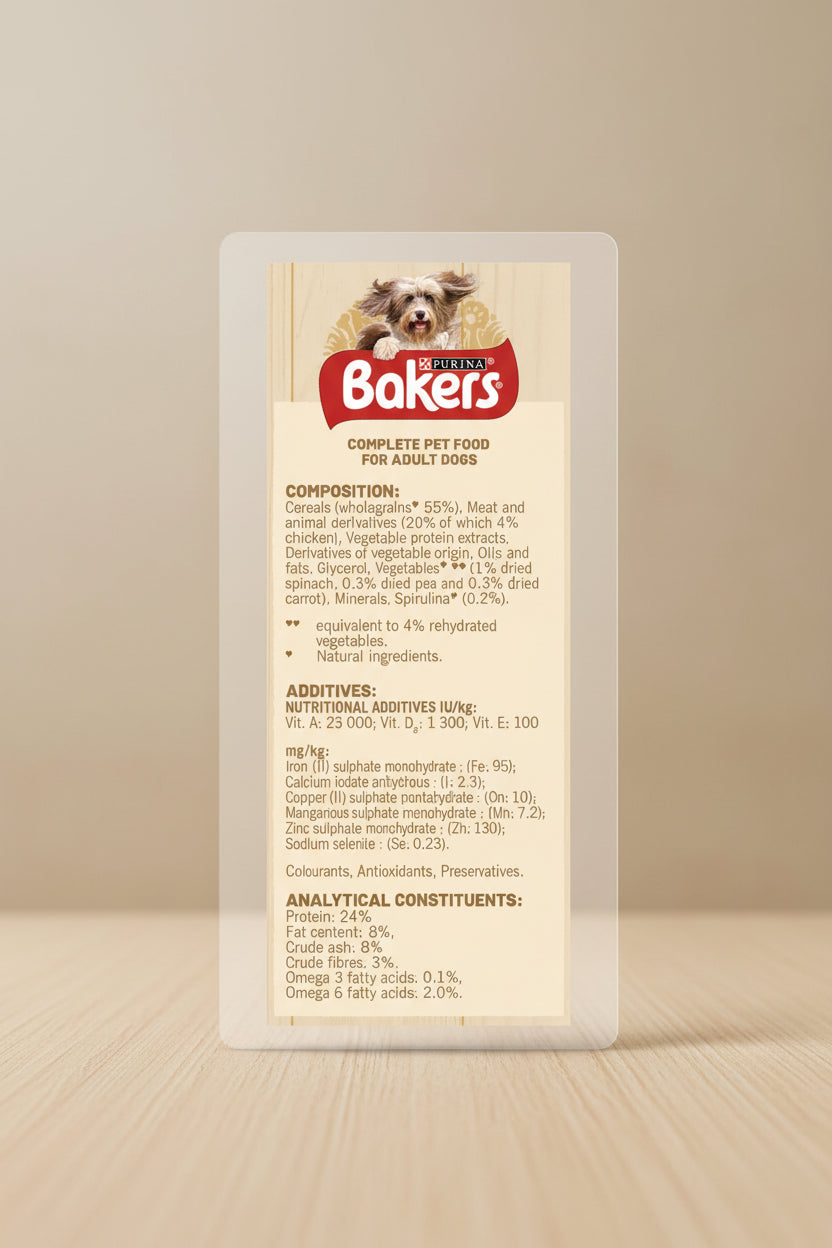 A tall blue package panel for Petition Bakers Complete Pet Food for Adult Dogs, showing a dog photo at the top and detailed nutritional and compositional text in white and red on a blue background.